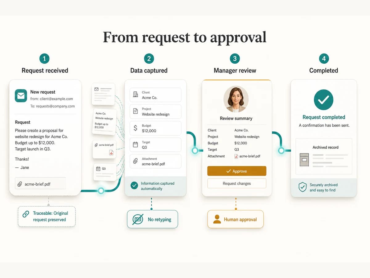 A clear automated approval process routing tasks to the right people without manual re-entry.