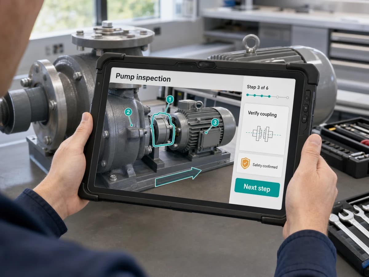 Augmented reality used in technical training to display a guided procedure directly over equipment.