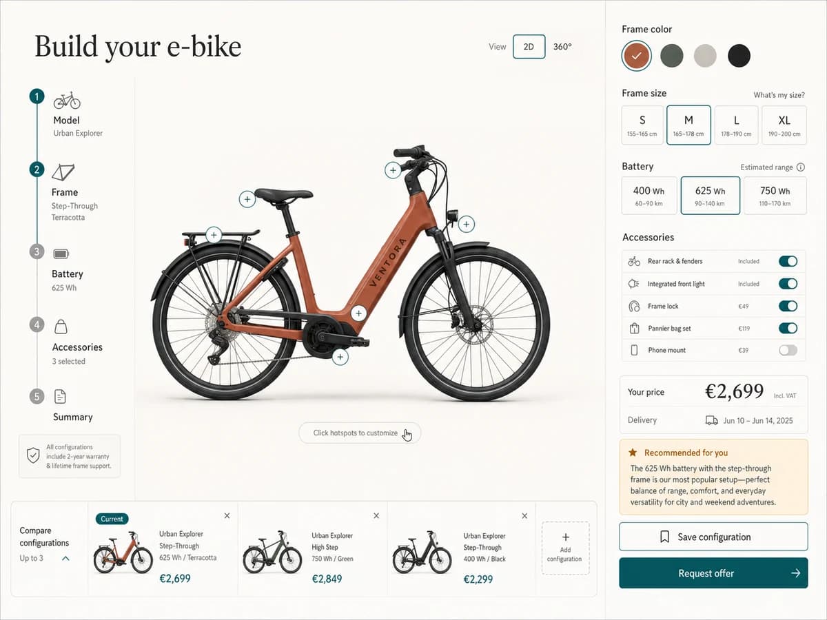 An interactive product configurator with live variant visualization, pricing, and recommendation.