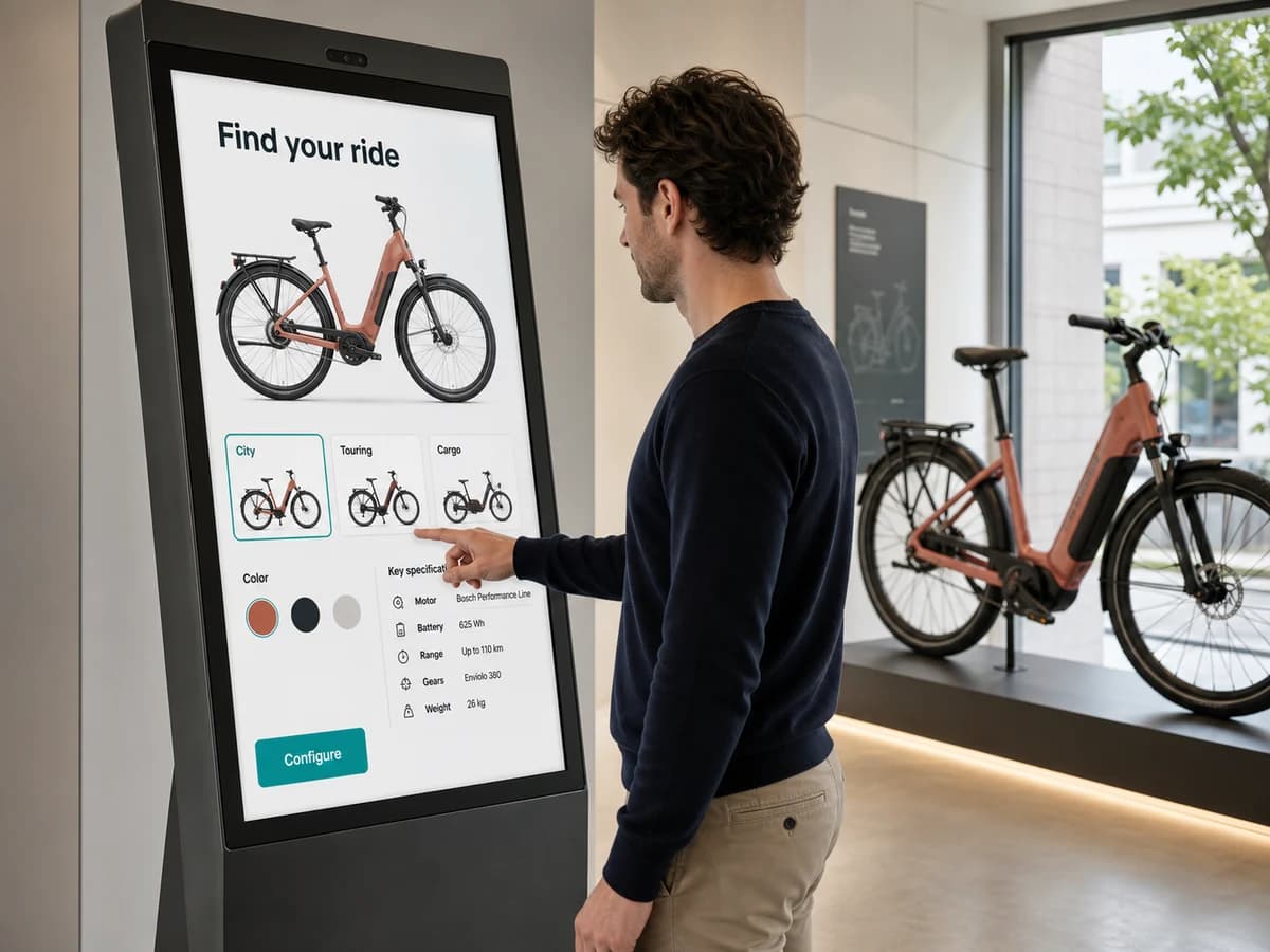 A visitor using a touchscreen kiosk in a showroom to explore and configure a product without assistance.