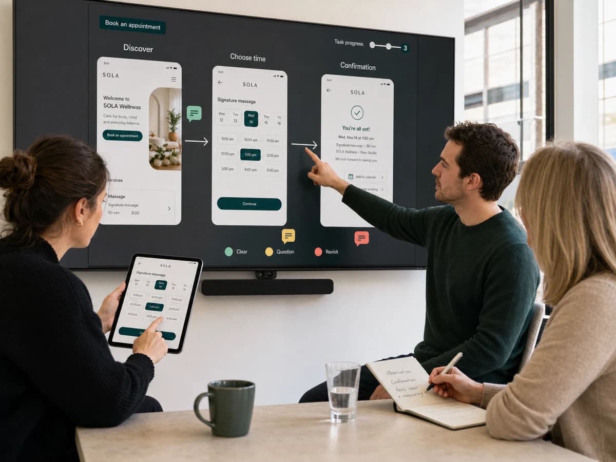 A designer presenting a prototype to the client and validating the clarity of the primary user flow.