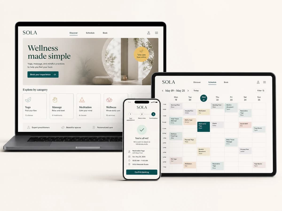 A cohesive product interface shown across responsive desktop, tablet, and phone screens.