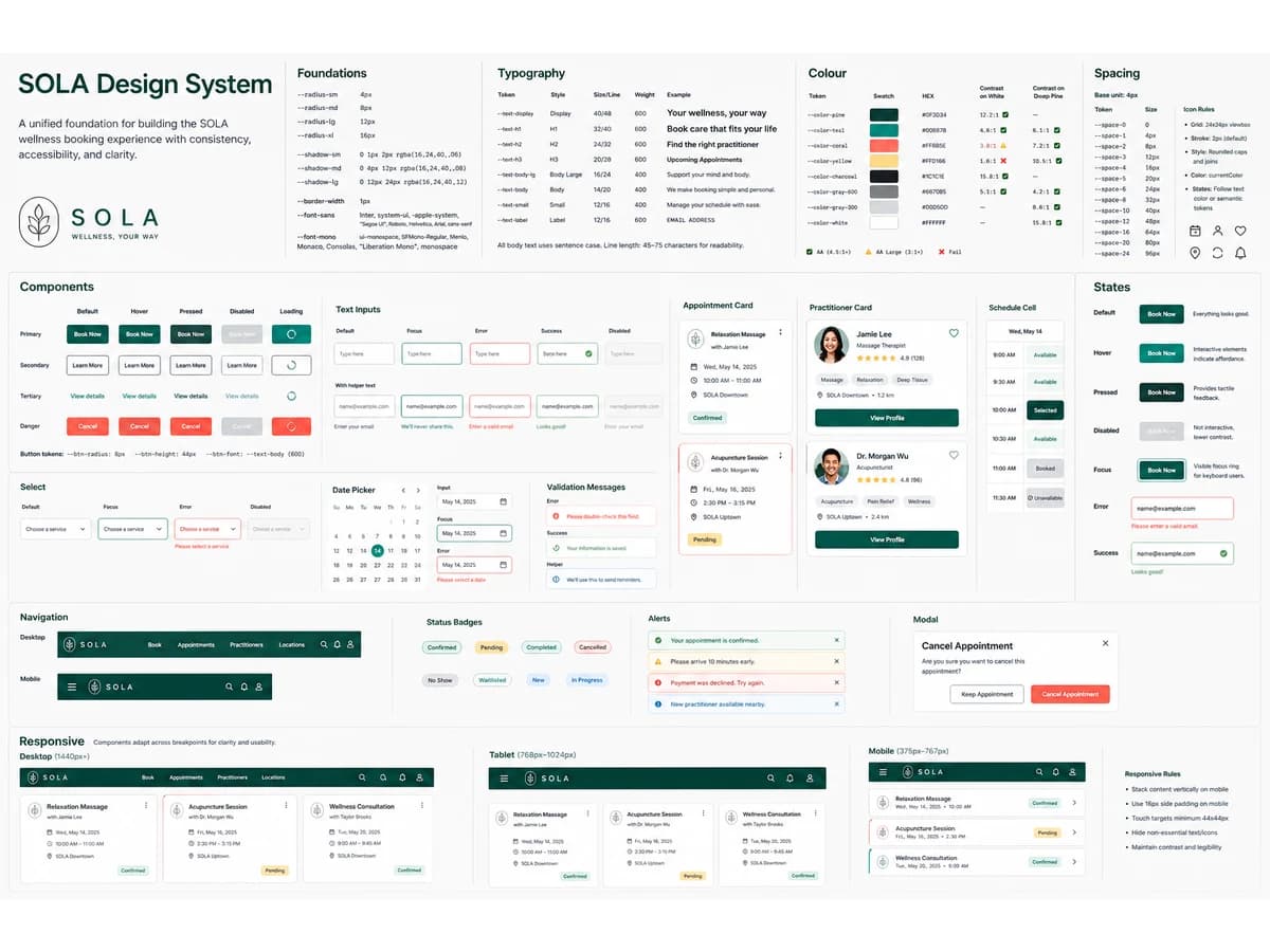 A design system with typography, colours, components, and states prepared for consistent development.