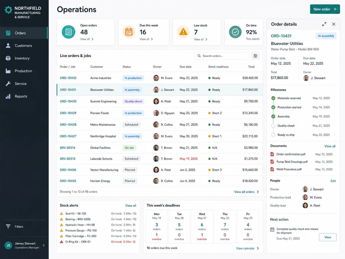 An internal system with a live overview of orders, customers, inventory, and deadlines.