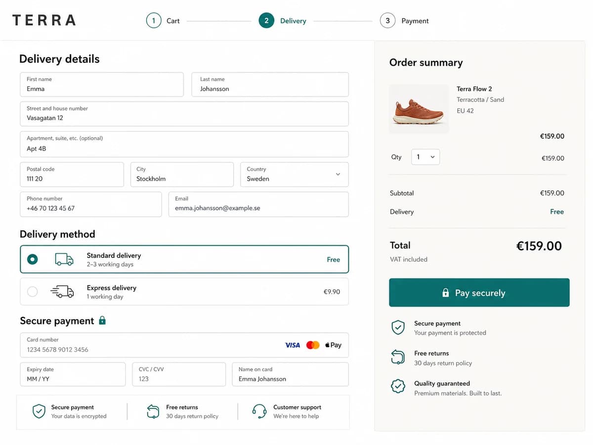 A customer completing cart, delivery, and secure payment in a straightforward checkout flow.