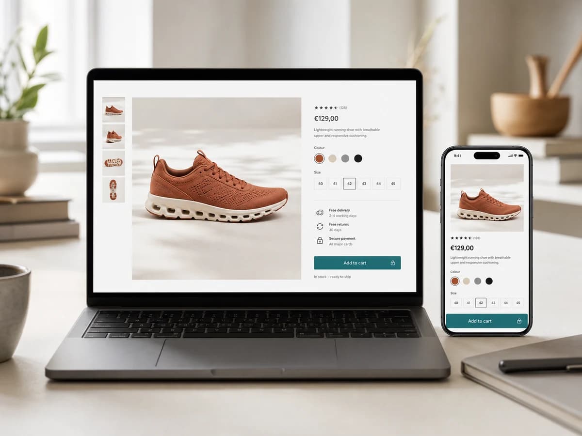 A polished online store product detail shown on laptop and phone with clear information and purchase action.