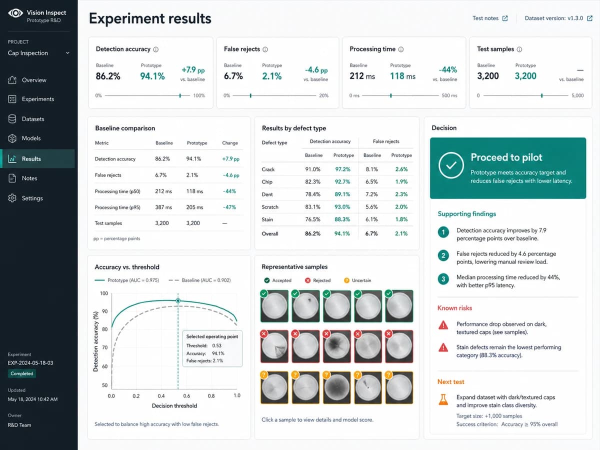 A technical view of experiment results, measured data, and the decision on next steps.