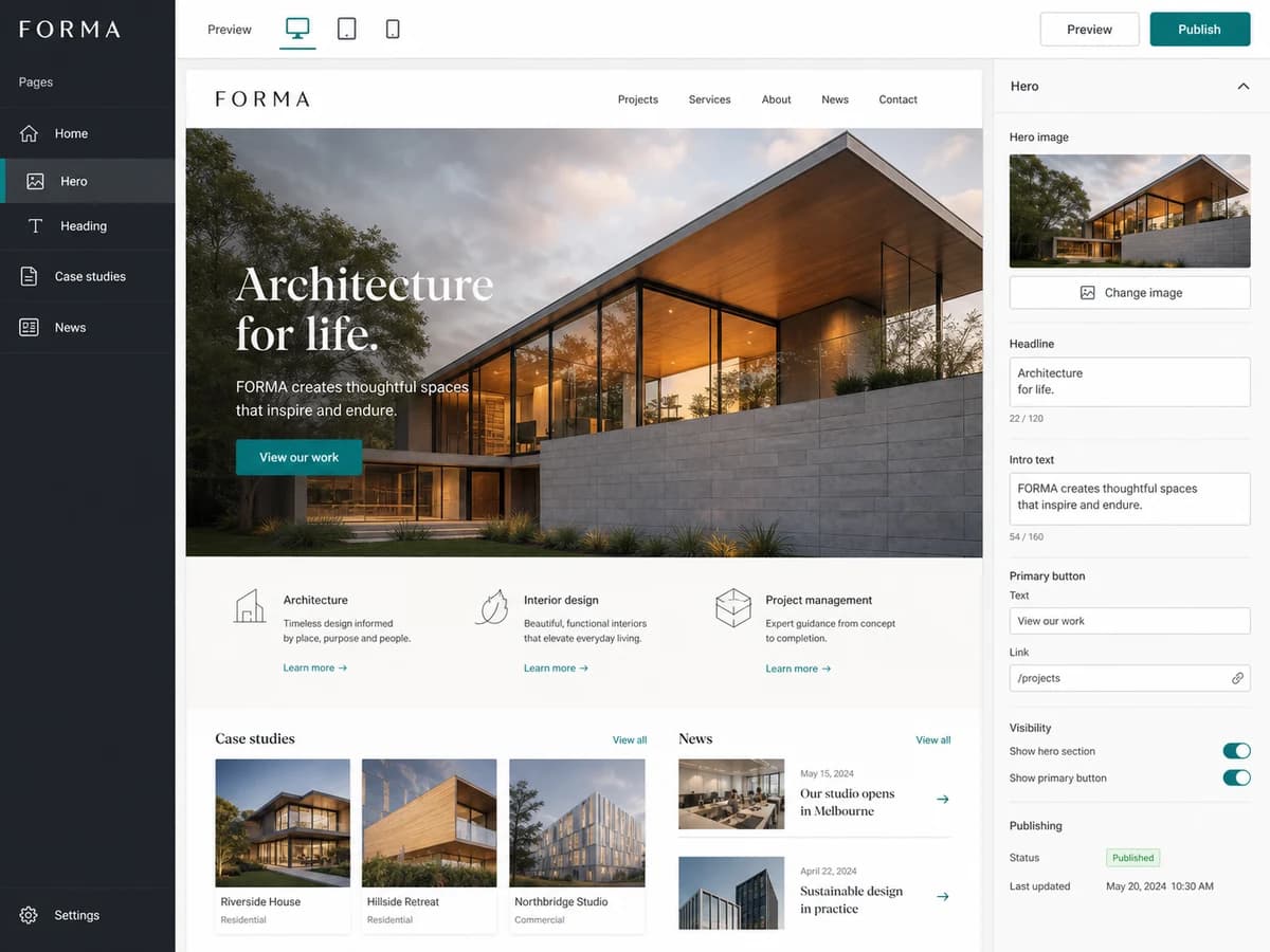 A content editor where the client team can easily update website copy, case studies, and news.