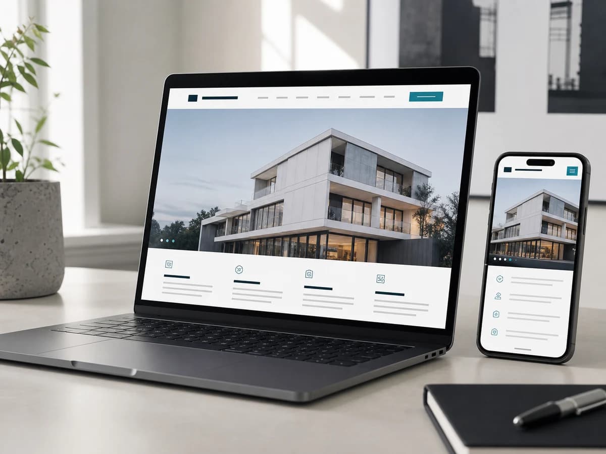 A responsive company website shown on a laptop and phone in a real working environment.